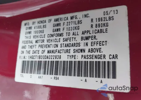 2013 Honda Accord Lx-S из США, поврежденный, VIN 1HGCT1B30DA022938